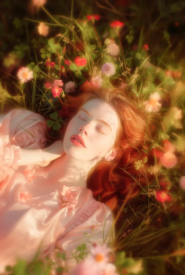 Image of a red haired girl in the field of flowers edited with Lensa dreamy filter