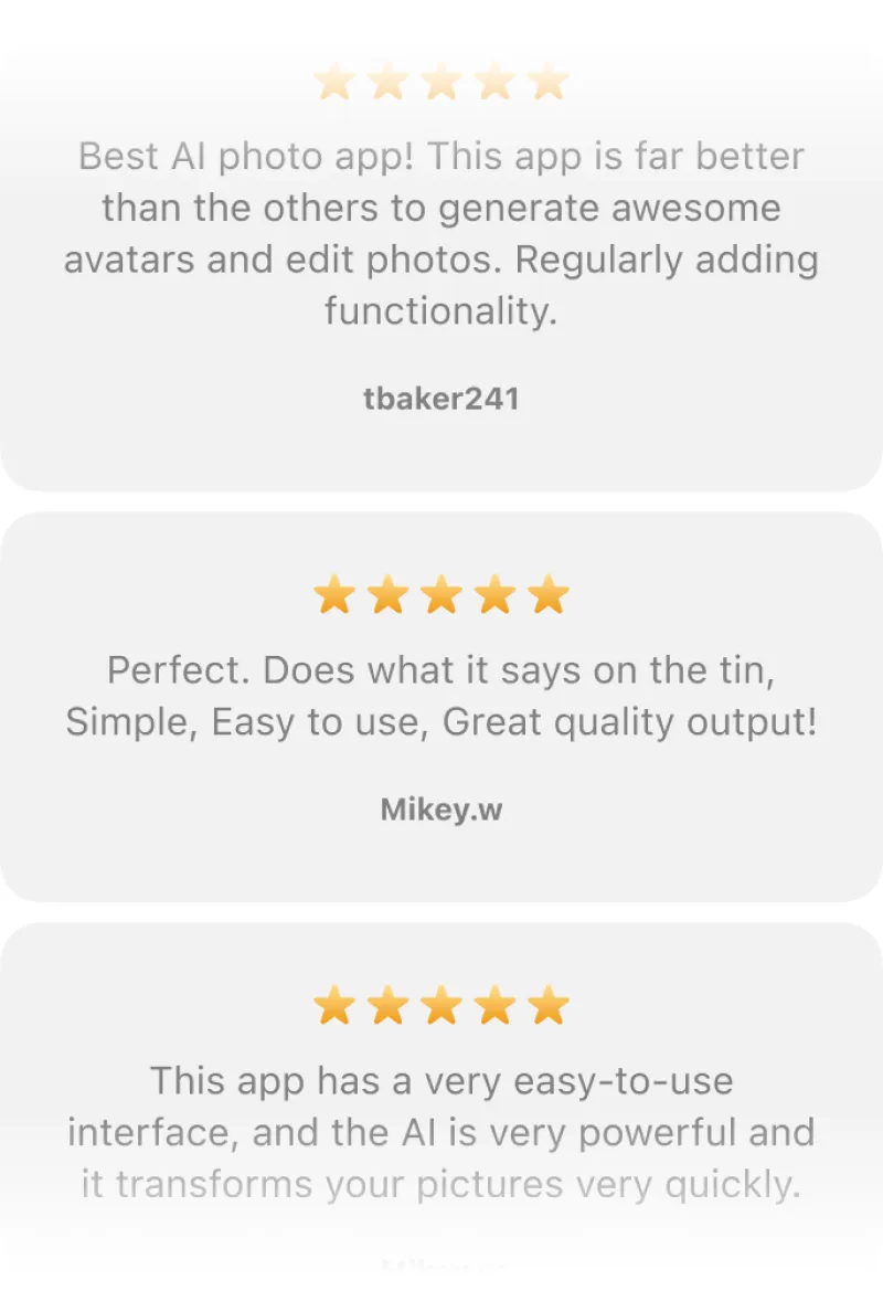 User reviews about Lensa AI editor with 5 star ratings stating Lensa is easy to use and produces great quality